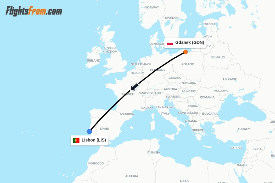 Flights from Gdansk to Lisbon route map
