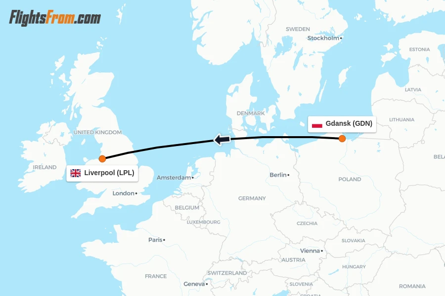 Flights from Gdansk to Liverpool route map