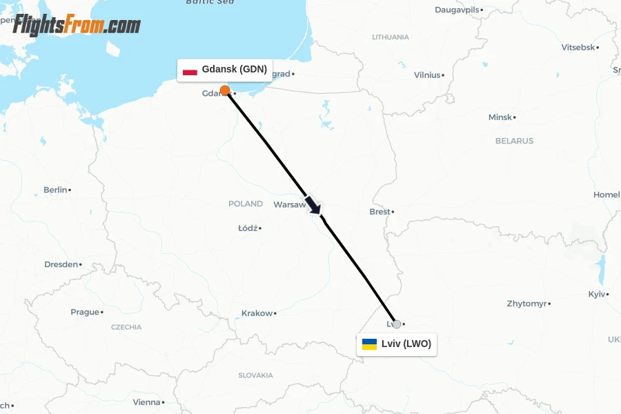 Flights from Gdansk to Lviv route map