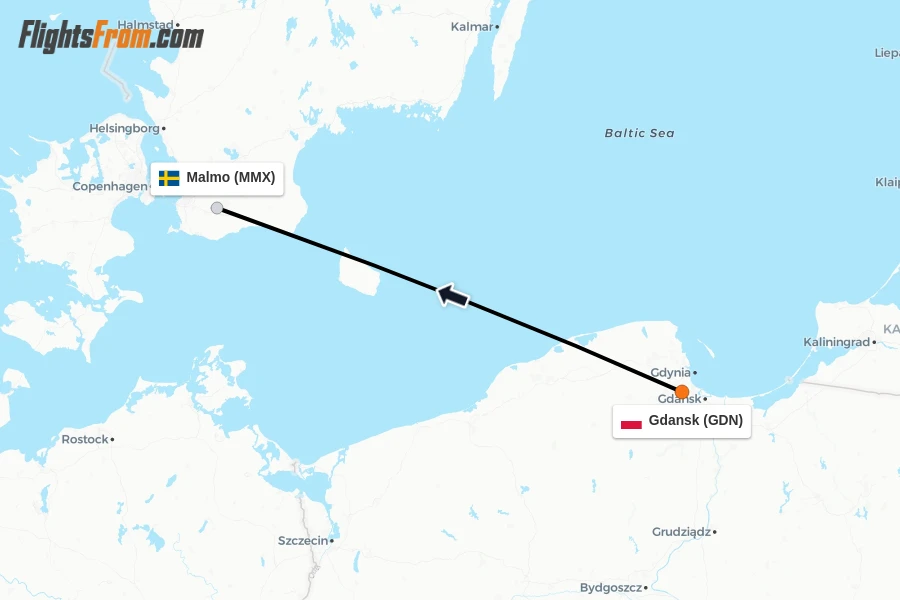 Flights from Gdansk to Malmo route map