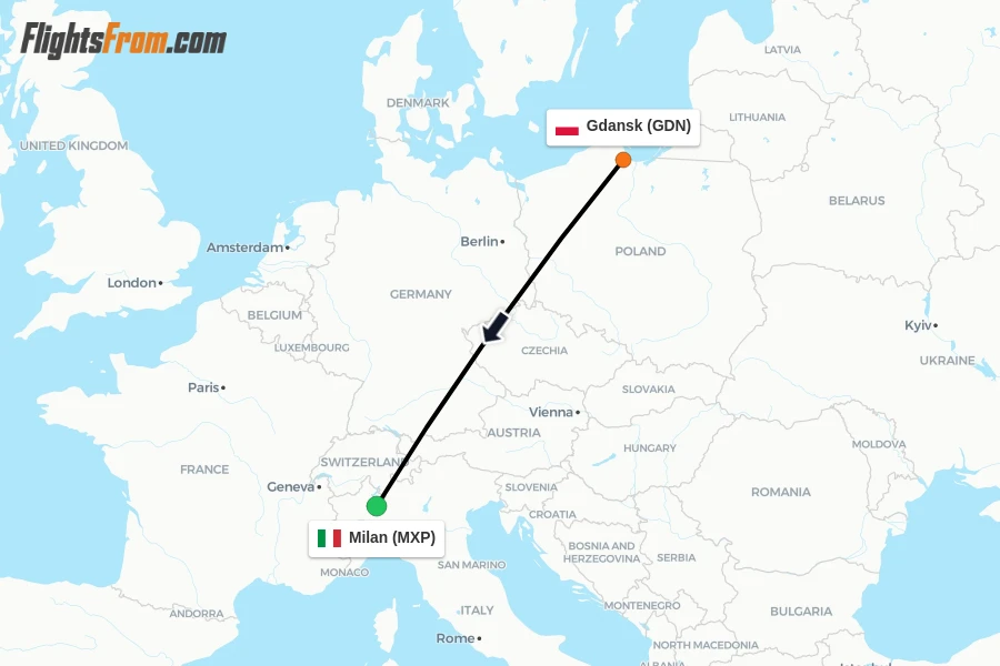 Flights from Gdansk to Milan route map