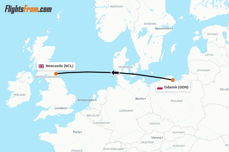 Flights from Gdansk to Newcastle route map