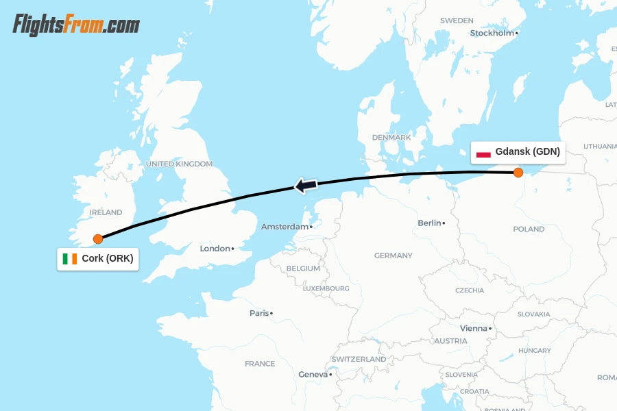Flights from Gdansk to Cork route map