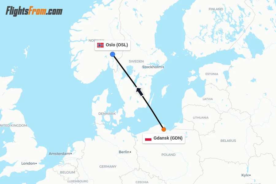 Flights from Gdansk to Oslo route map
