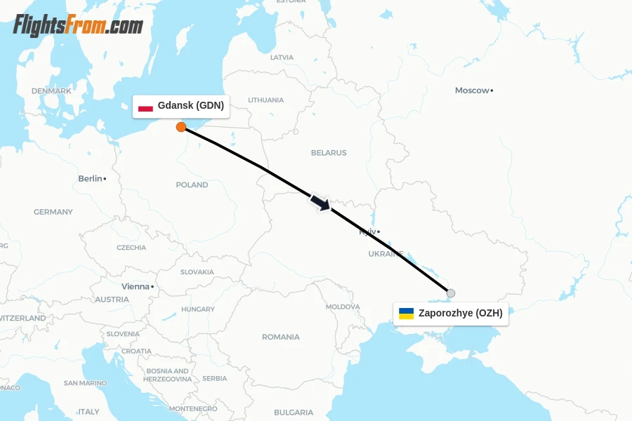Flights from Gdansk to Zaporozhye route map
