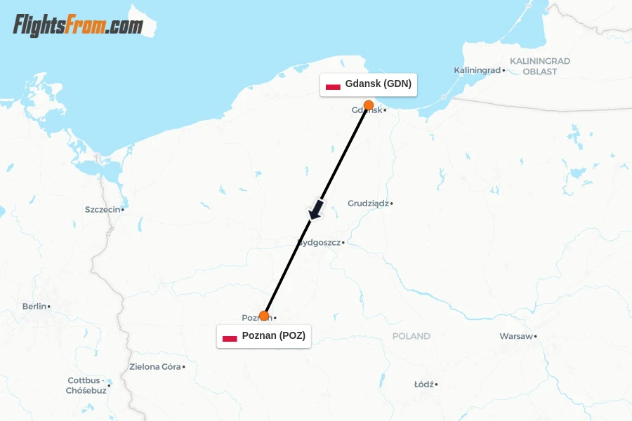 Flights from Gdansk to Poznan route map