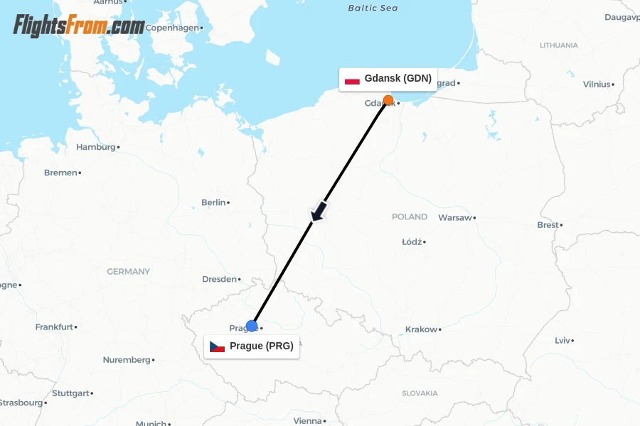 Flights from Gdansk to Prague route map