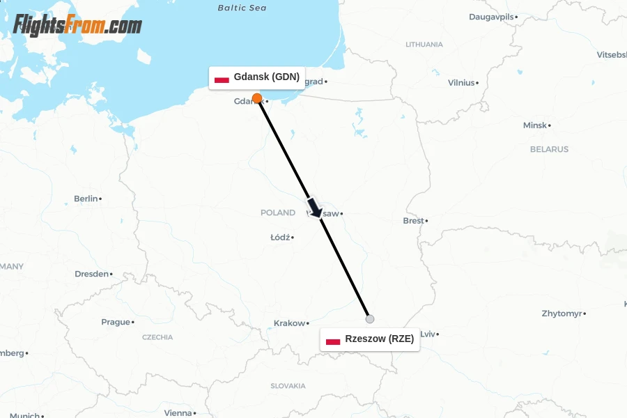 Flights from Gdansk to Rzeszow route map