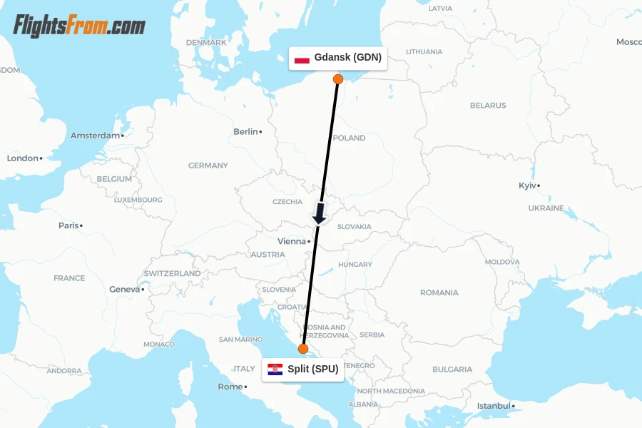 Flights from Gdansk to Split route map