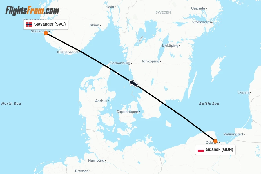 Flights from Gdansk to Stavanger route map