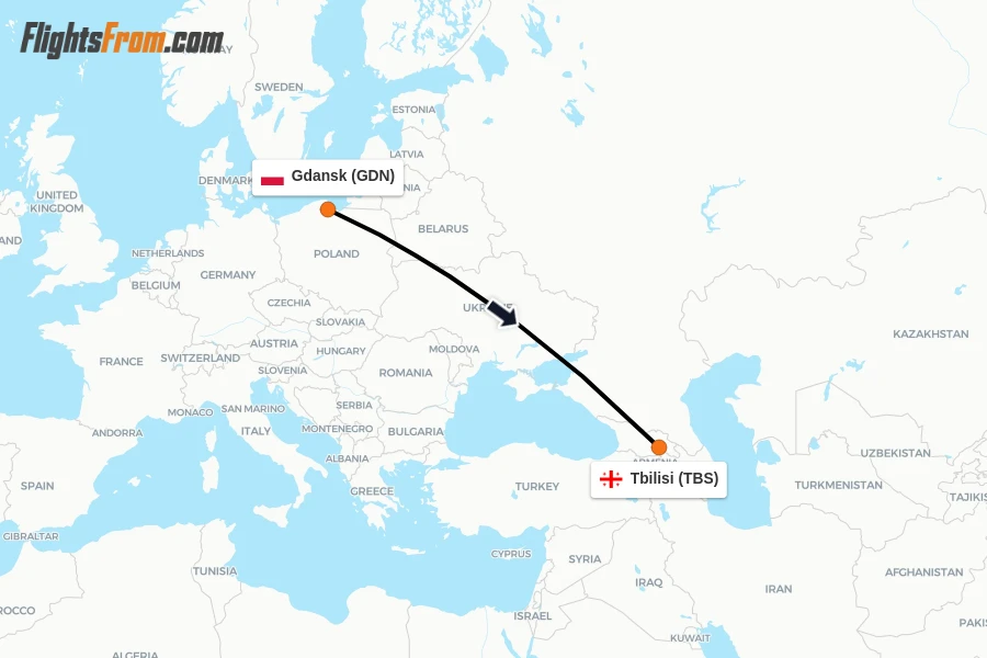 Flights from Gdansk to Tbilisi route map