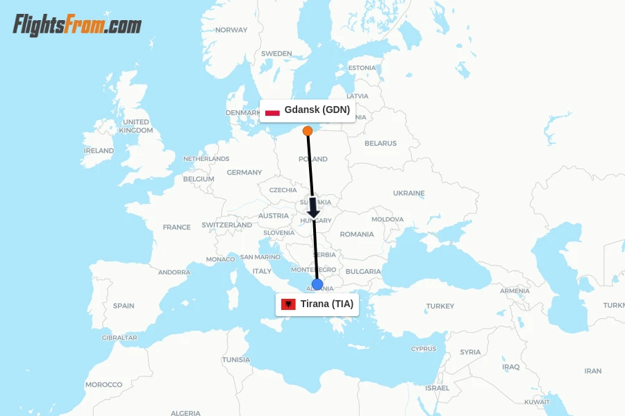 Flights from Gdansk to Tirana route map