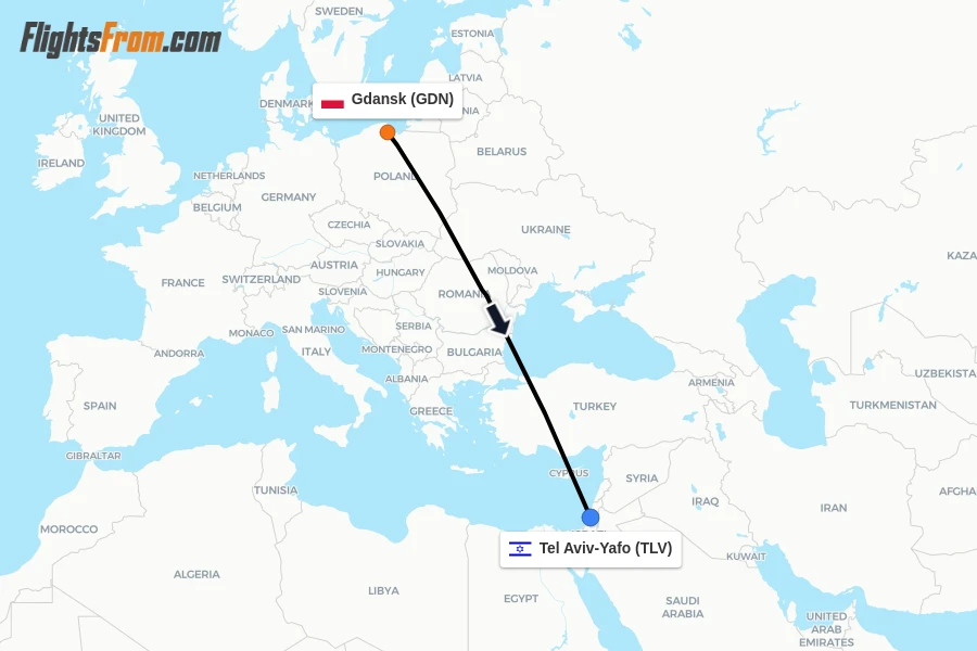 Flights from Gdansk to Tel Aviv-Yafo route map