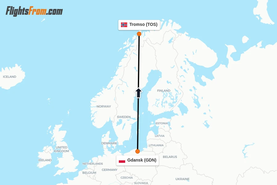 Flights from Gdansk to Tromso route map