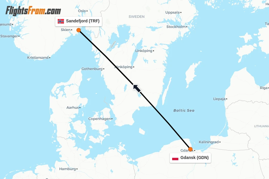 Flights from Gdansk to Sandefjord route map