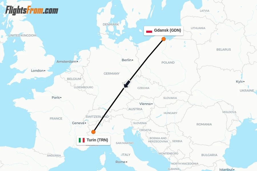 Flights from Gdansk to Turin route map