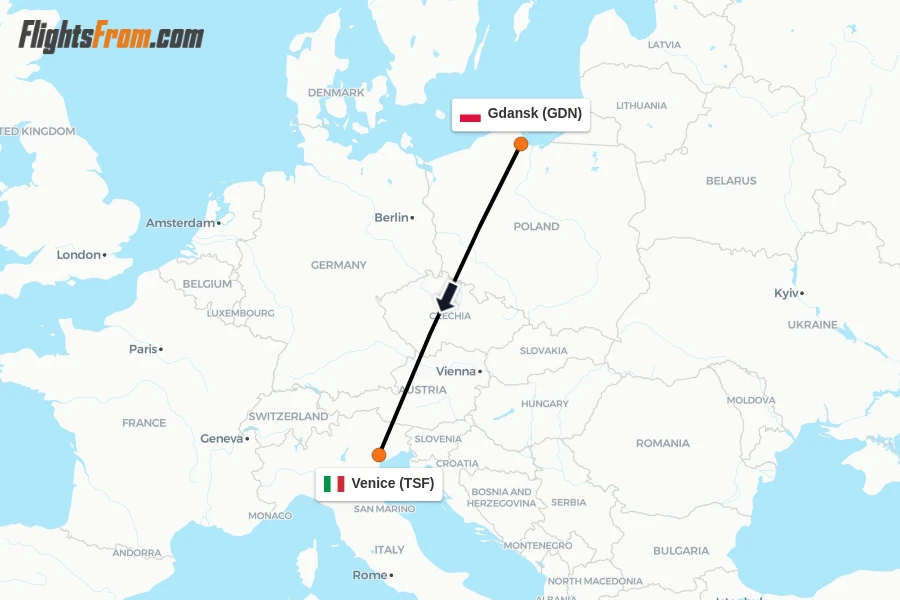 Flights from Gdansk to Venice route map