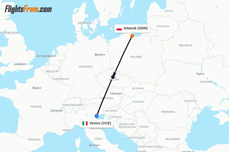 Flights from Gdansk to Venice route map