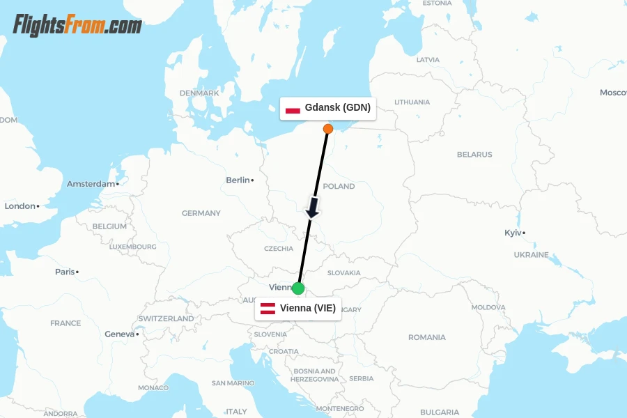 Flights from Gdansk to Vienna route map