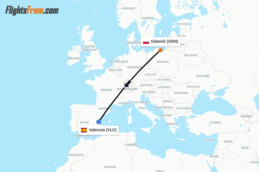 Flights from Gdansk to Valencia route map