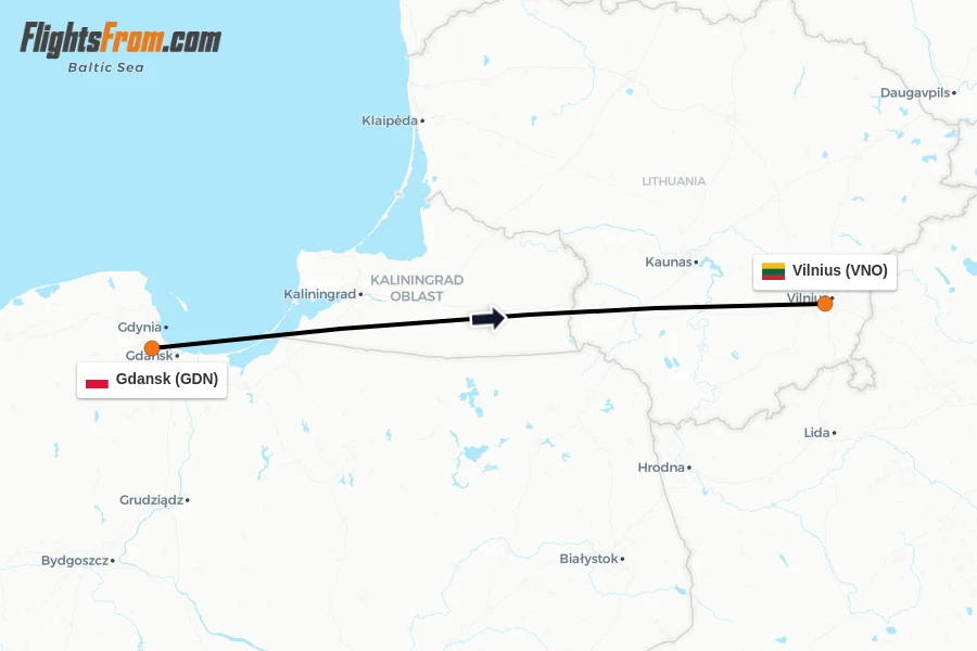 Flights from Gdansk to Vilnius route map