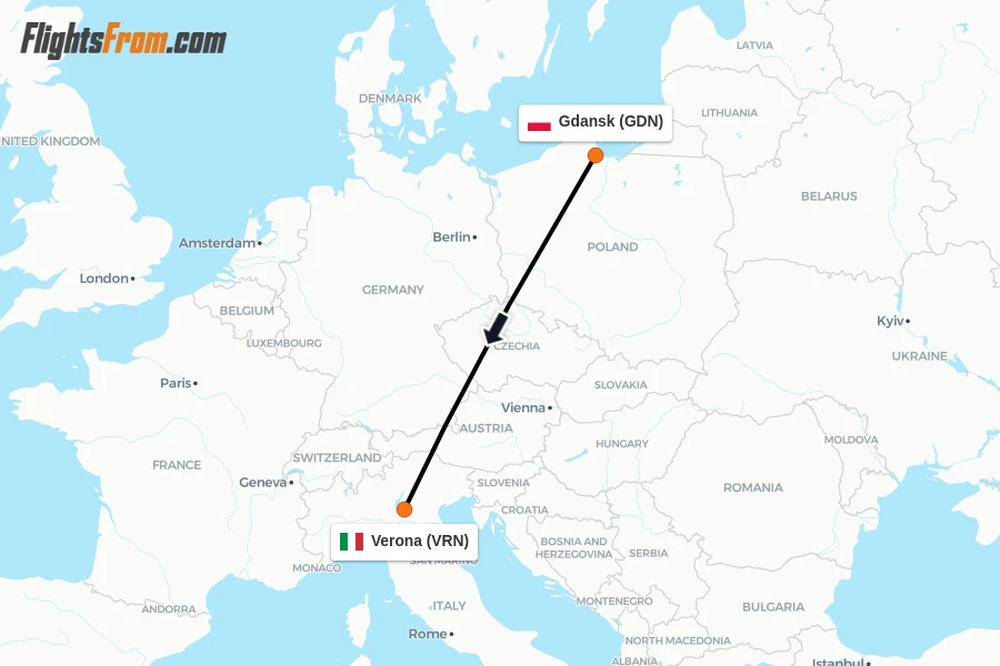 Flights from Gdansk to Verona route map