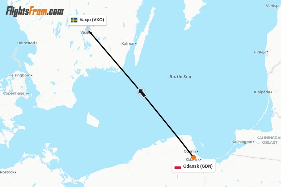 Flights from Gdansk to Vaxjo route map