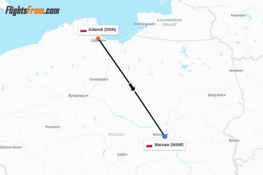 Flights from Gdansk to Warsaw route map