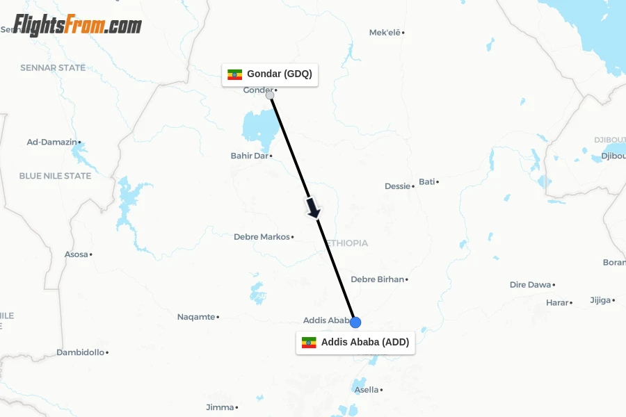 Flights from Gondar to Addis Ababa route map