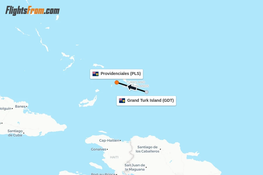 Flights from Grand Turk Island to Providenciales route map