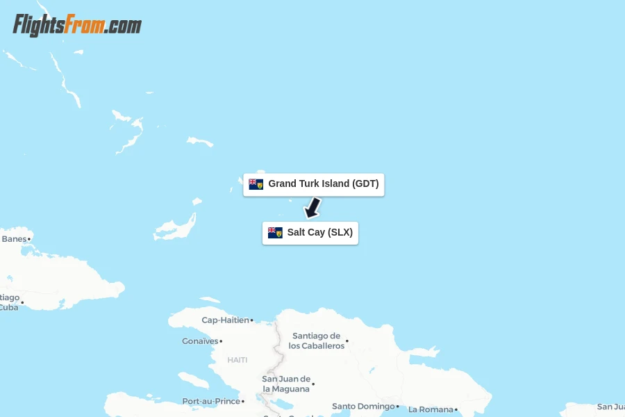 Flights from Grand Turk Island to Salt Cay route map