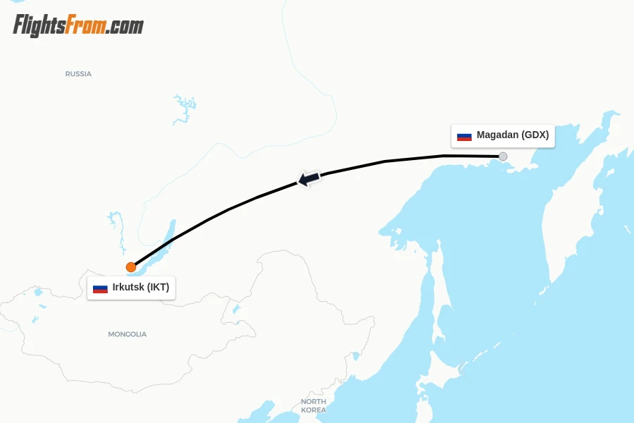 Flights from Magadan to Irkutsk route map
