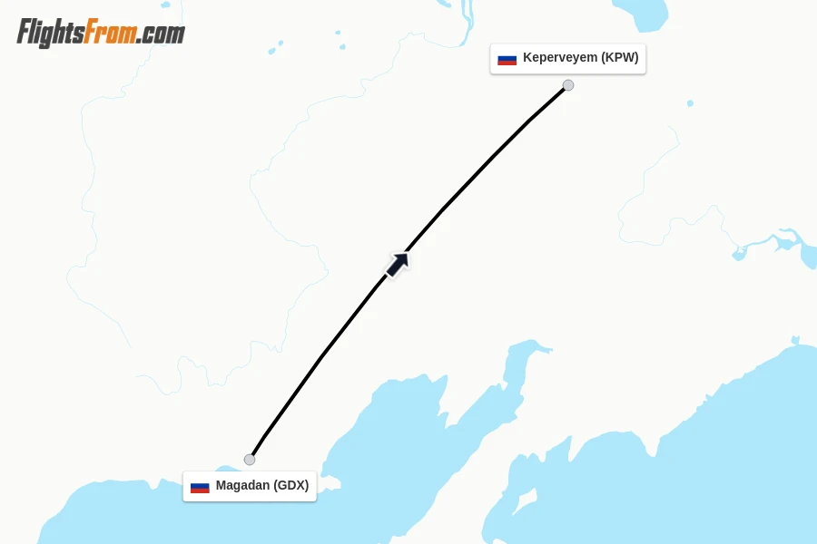 Flights from Magadan to Keperveyem route map