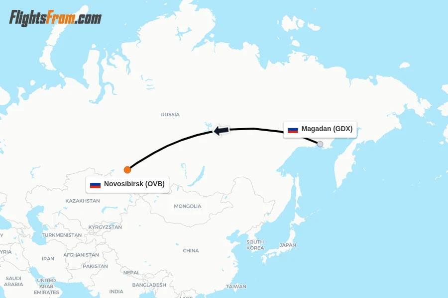 Flights from Magadan to Novosibirsk route map
