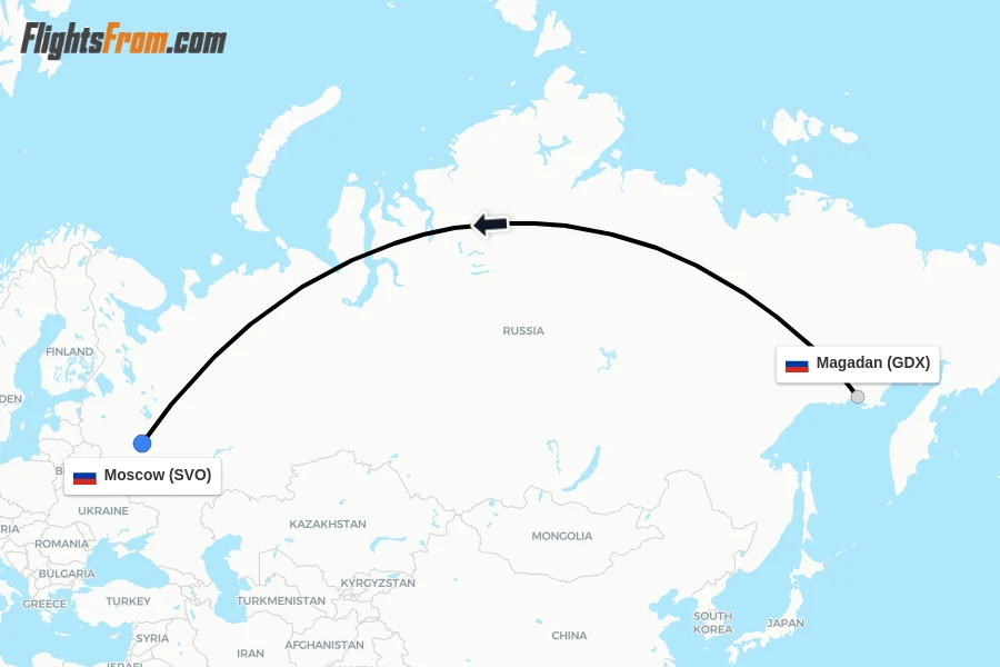 Flights from Magadan to Moscow route map