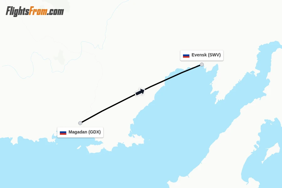 Flights from Magadan to Evensk route map