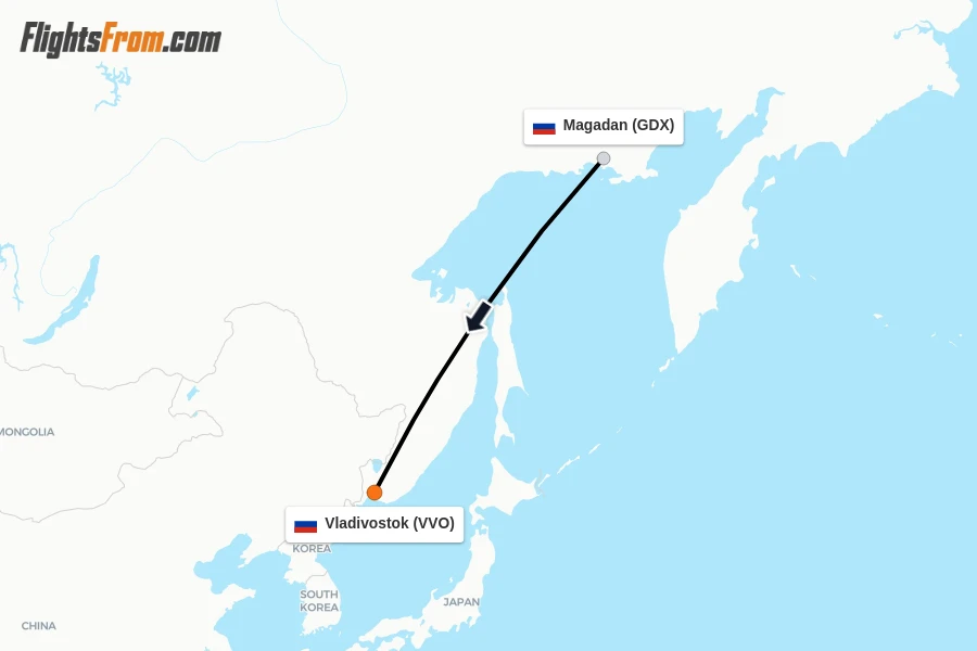 Flights from Magadan to Vladivostok route map