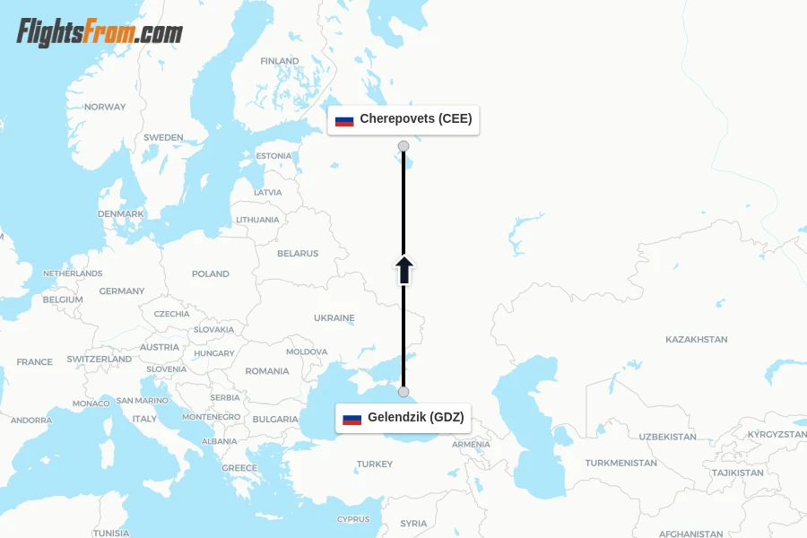Flights from Gelendzik to Cherepovets route map