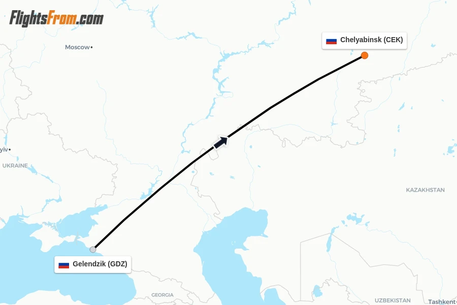 Flights from Gelendzik to Chelyabinsk route map