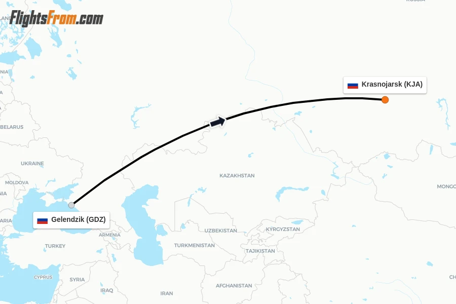 Flights from Gelendzik to Krasnojarsk route map