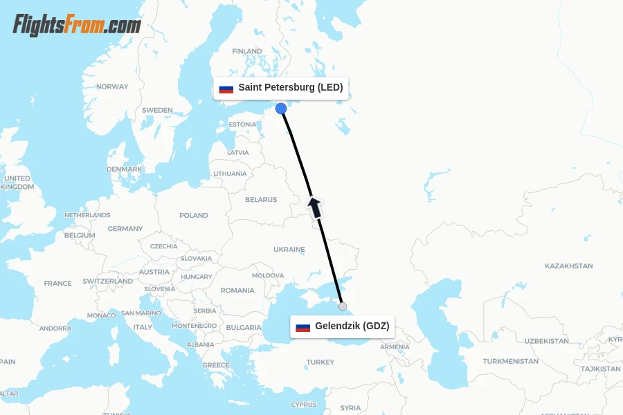 Flights from Gelendzik to Saint Petersburg route map