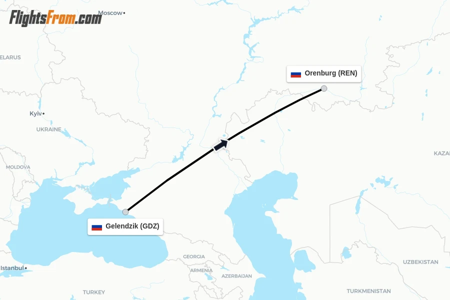 Flights from Gelendzik to Orenburg route map