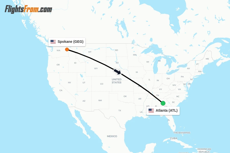 Flights from Spokane to Atlanta route map