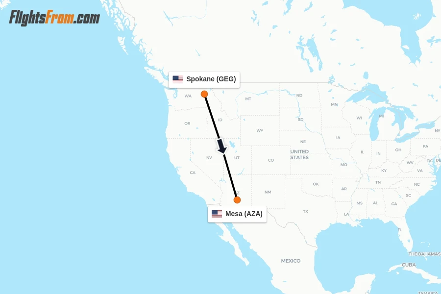 Flights from Spokane to Mesa route map