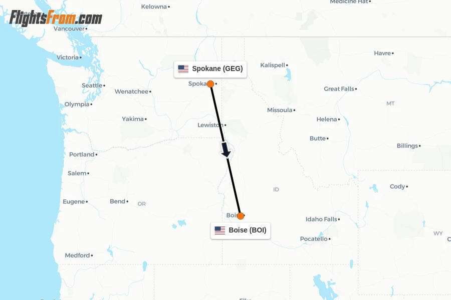 Flights from Spokane to Boise route map