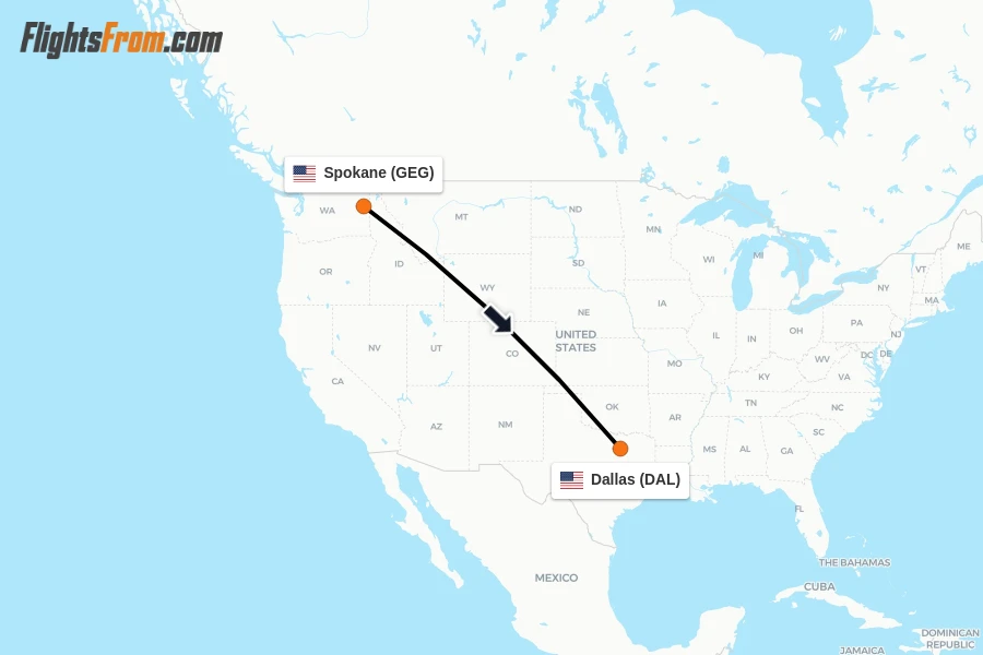 Flights from Spokane to Dallas route map