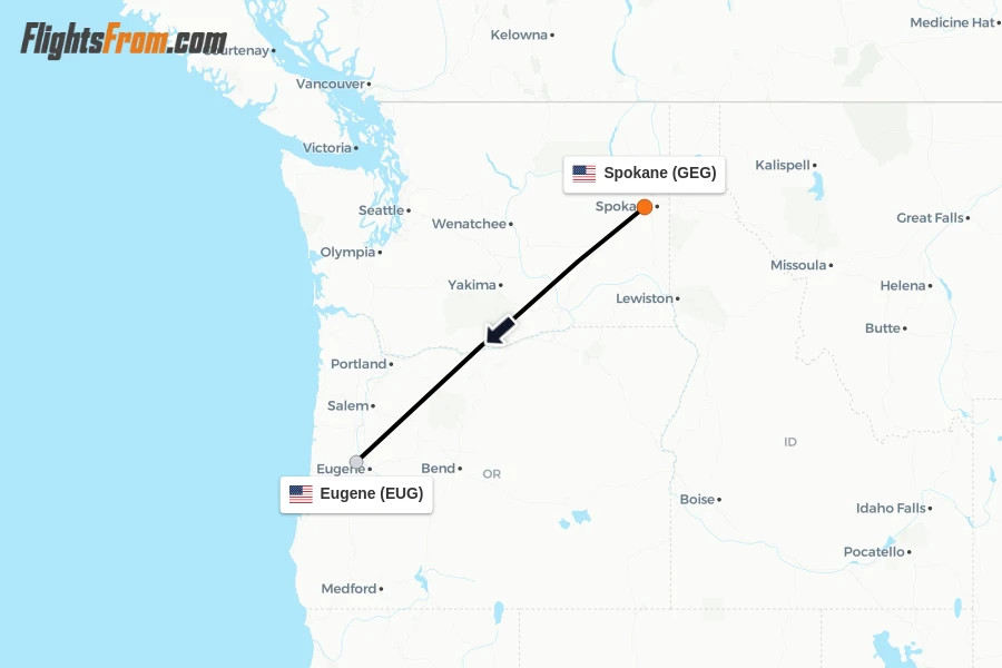 Flights from Spokane to Eugene route map