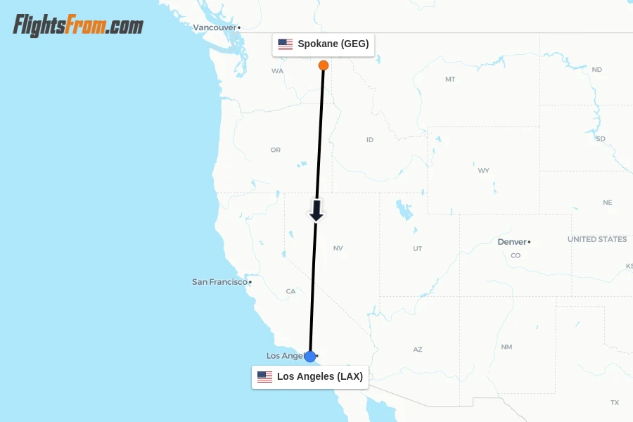 Flights from Spokane to Los Angeles route map