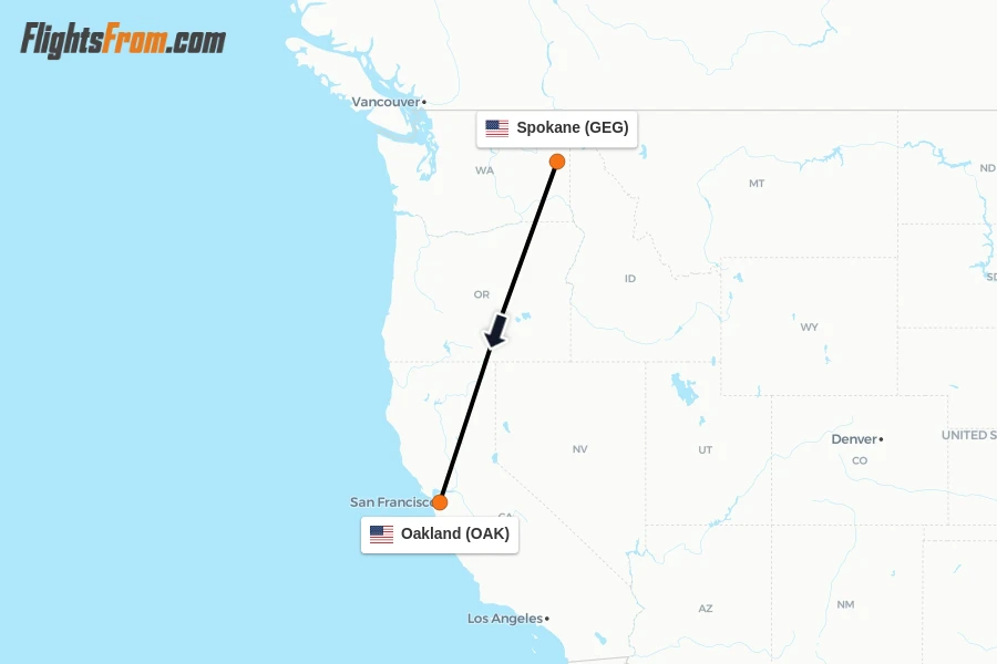Flights from Spokane to Oakland route map
