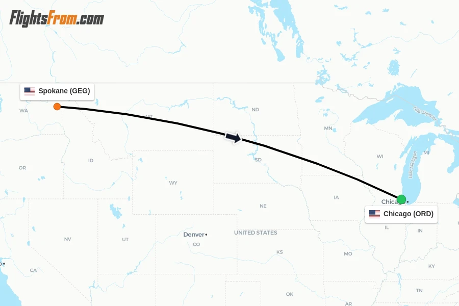 Flights from Spokane to Chicago route map